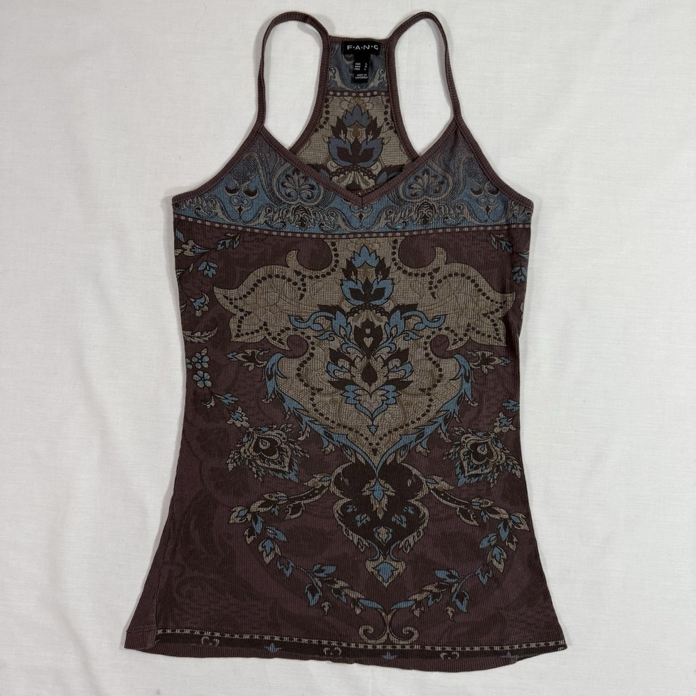 Vintage 90s Fang Paisley Tank Top Brown Y2K Boho Indie Sz L 100% Cotton